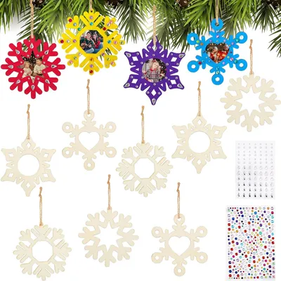 Imagen del producto de Kit de decoración navideña, 12 copos de nieve de madera, purpurina autoadhesiva, kit de manualidades para niños