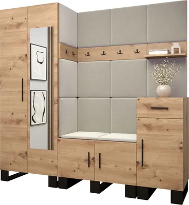 A modern entryway furniture set with storage, seating, and coat hooks, featuring a wood-grain finish and upholstered panels.