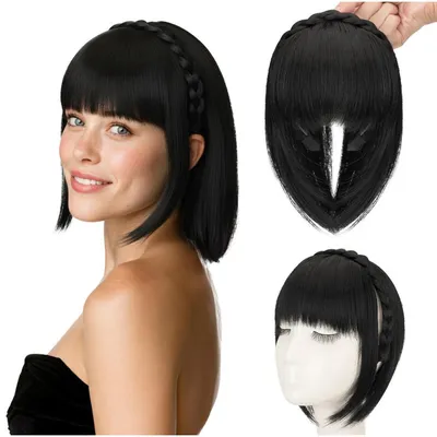 Image de Bandeau avec mèche tressée, postiche synthétique avec franges, extension de cheveux pour femmes, couleur noire naturelle