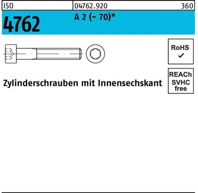 Produktbild von Reyher  Zylinderschr. m.I.-6kt ISO 4762 A 2 -70 M 12x100 A 2 (100 Stück)
