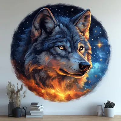 Immagine prodotto di Decords, adesivo da parete – lupo mistico su sfondo cosmico, 61 cm