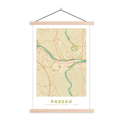 Produktbild von MuchoWow® Textilposter Jahrgang - Passau - Stadtplan - Karte 60x90 cm mit holzfarbenen Rahmen - Textil