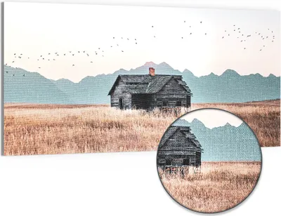 Produktbild von DEQORI Hybrid Leinwand Bild 100x50 cm 'Stille Feldhütte' Wandbild Glas flach modern