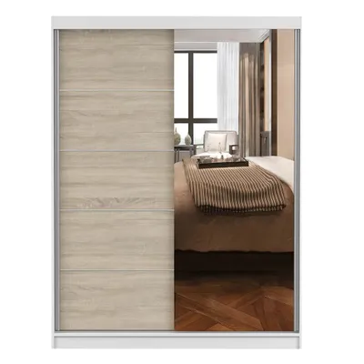 Produktbild von Schwebetürenschrank Kleiderschrank 150 cm Weiß/Sonoma mit Spiegel Vista 05