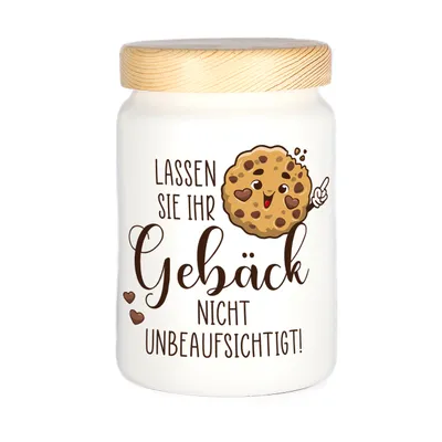 Produktbild von Keksdose aus Keramik mit Holzdeckel – Lustige Gebäckdose mit witzigem Spruch – Vorratsdose für Kekse & Gebäck