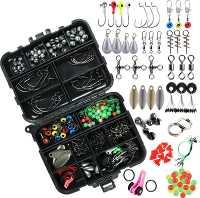 Produktbild von 188-teiliges Angelzubehoer-Set mit Tackle-Box, Jig-Haken, Wirbel, Druckknoepfe, Sinker, Schieber, Perlen