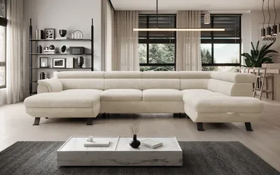 Zdjęcie produktu dla DomoHome ECKSOFA RAVEN XL - Narożnik z funkcją spania z wysuwanym łóżkiem, regulowane zagłówki, pojemnik na pościel, duża sofa 334x198x162 cm prawa strona perła