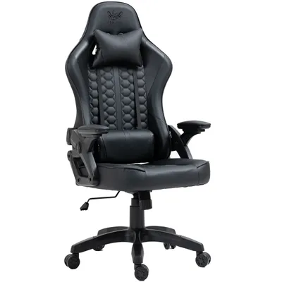 A black gaming chair is shown against a white background.