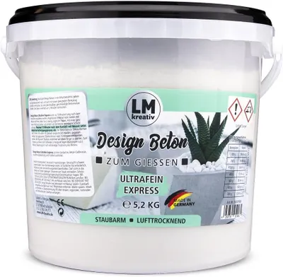 A white bucket of Design Beton product with a label showing product details and an image of a concrete planter.