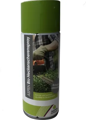 A spray can of ASPEN Bio Heckenscherenspray with a person in the background using hedge trimmers.