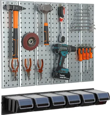 Zdjęcie produktu dla Ścianka narzędziowa 78x72cm metalowy system przechowywania z haczykami na narzędzia 6 skrzynek do układania w stos czarny