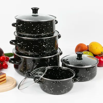 5-tlg. Kochtopf-Set 16–24 cm mit Glasdeckel, Emaille, schwarz