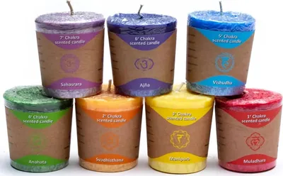 Produktbild von Chakras Votiv-Aromakerzen 7 x in Geschenkbox – Packung mit 4 Stück – 4,5 x 4 cm