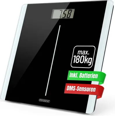 Produktbild von MONZANA® Personenwaage Digital Klare LCD Anzeige Große Trittfläche Step-On Waage DMS Sensorsystem Körperwaage bis 180kg flaches Design Sicherheitsglas