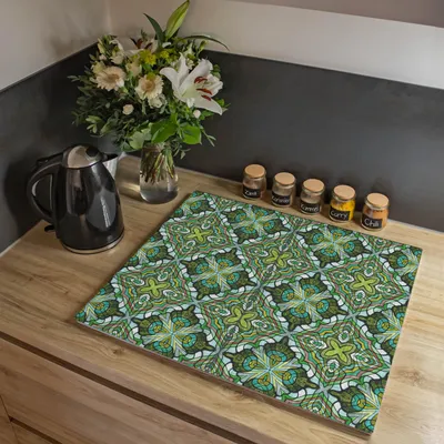 Produktbild von banjado Herdabdeckplatte zweiteilig je 30x52cm groß mit Gummi Abstandshalter, ESG Sicherheitsglas mit Motiv Grünes Muster [HAP2 10796]