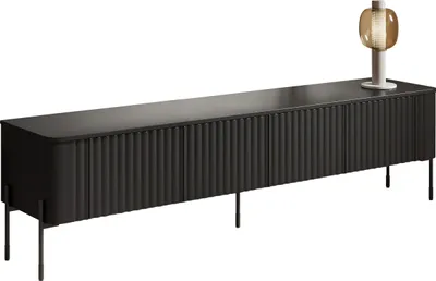 A black TV stand with a lamp on top, presented on a white background.