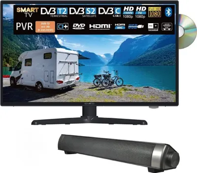 A TV and soundbar are displayed against a white background, with a scenic image on the TV screen.