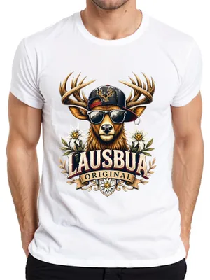 Imagen del producto de Gafas de sol Lausbua Original Hirsch, pantalones de cuero Edelweiss, vestido tradicional Dirndl, camiseta para hombre, color blanco, talla M
