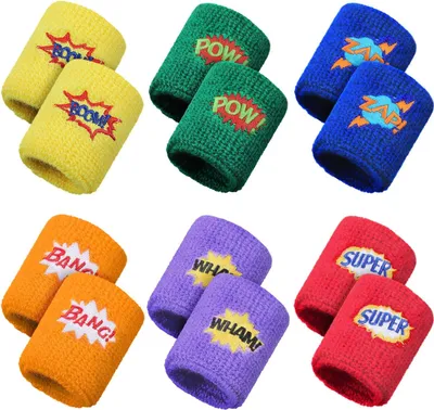 Produktbild von Gejoy 24 Stück Kinder Sport Armbänder Bunte Handgelenk Schweißbänder Baumwolle Frottee Armbänder mit Pow Zap Design für Sport Geburtstagsfeier Gefälligkeiten, 6 Stile