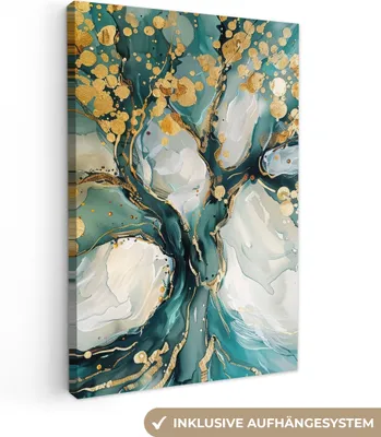 Produktbild von Leinwand Bilder 80x120 cm - Lebensbaum - Modern - Malerei-Look - Türkis - Gold, Bilder, Wanddeko Wohnzimmer