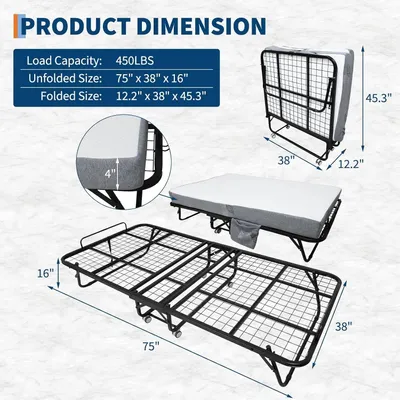 Produktbild von Klappbett - Gästebett 190 x 97 cm - 10 cm Memory-Foam-Matratze - Metallrahmen - Faltbar auf Rollen - Platzsparend für Büro und Wohnung
