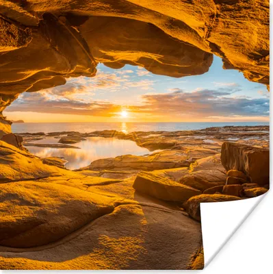 Produktbild von MuchoWow® Poster Höhle - Meer - Horizont - Sonnenuntergang 50x50 cm - Wohnzimmerdekoration