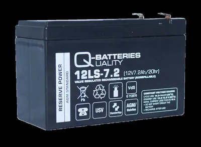 A black battery with white and gray text and symbols on its side.