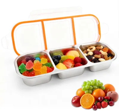Produktbild von Snackbox mit Fächern, unterteilter Snackbehälter à 600 ml, Snackteller mit Deckel, spülmaschinenfest, Edelstahl-Snackbox mit 3 Fächern, für Süßigkeiten, Gewürze, Nüsse, Kekse und Snacks