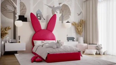 Produktbild von Kinderbett Polsterbett Bett HÄSCHEN 90x200cm Stoff Bukla Rot inkl. Matratze