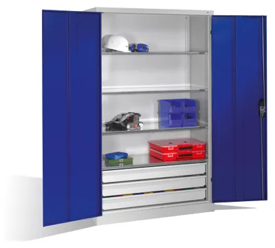 Produktbild von C+P Werkzeugschrank mit Drehtüren, 4 Böden und 3 Schübe, H1950xB1200xT500mm Front Enzianblau Korpus Lichtgrau