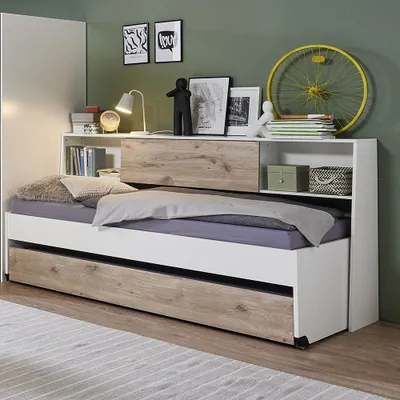 Produktbild von Jugendzimmer-Bett mit 120x200 cm Liegefläche in weiß mit Eiche, mit Bettschublade, Bettüberbau NOLI-43