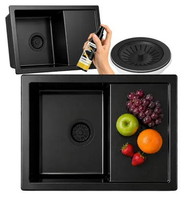 Obrázek produktu pro Granitan | Granitový dřez – vestavný dřez 65 × 50 cm – černý kuchyňský dřez – dřez se sifonem a impregnačním prostředkem – KERANO 65