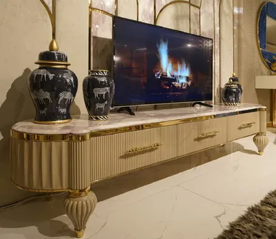 Produktbild von Casa Padrino Luxus Art Deco TV Schrank Weiß / Grau / Gold - Handgefertigtes Massivholz Sideboard mit 3 Schubladen - Luxus Art Deco Wohnzimmer & Hotel Möbel