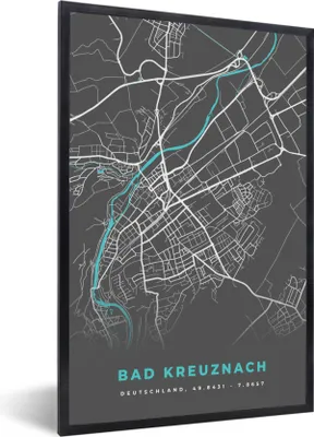 Produktbild von MuchoWow® Gerahmtes Poster Bad Kreuznach - Stadtplan - Blau - Karte - Deutschland 40x60 cm - Poster mit Schwarzem Bilderrahmen Wandposter Rahmen Foto Bilder - Papierdruck - Wandbilder