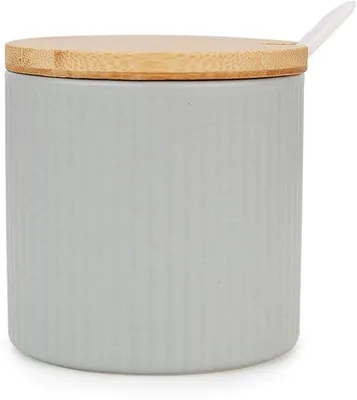 Produktbild von Keramische Zuckerdose klein 250ml grau mit Holzdeckel