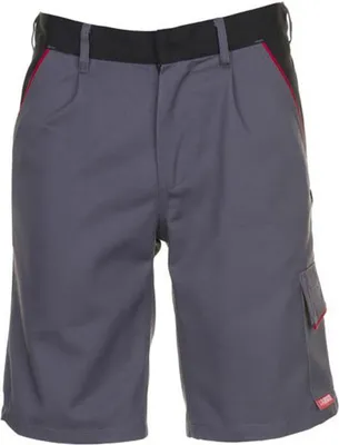 A pair of gray work shorts with black and red accents.