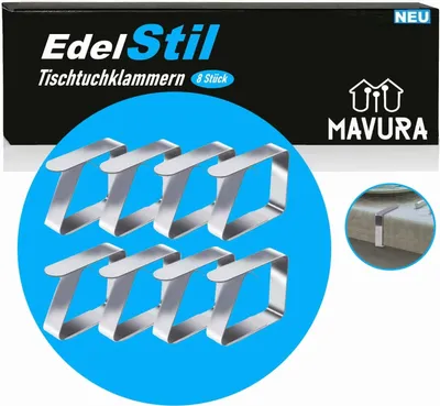 Produktbild von MAVURA Tischtuchklammer EdelStil Tischtuchklammern Tischtuchhalter Tischdeckenklammer, (Tischklammer rostfrei Edelstahl Tischklammern), Tischdeckenklemmen Tischdeckenclips Set [8 Stück]