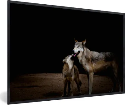 Produktbild von MuchoWow® Gerahmtes Poster Mutterwolf mit Welpe 90x60 cm - Poster mit Schwarzem Bilderrahmen Wandposter Rahmen Foto Bilder - Fotorahmen - Foto-Plakat