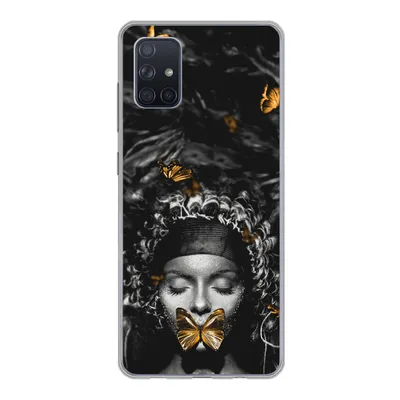 Produktbild von MuchoWow® Handyhülle Schutzhülle Hülle für Samsung Galaxy A71 Frau - Schmetterlinge - Schwarz - Weiß Silikon Softcase Handy Hülle - Kartenbesitzer