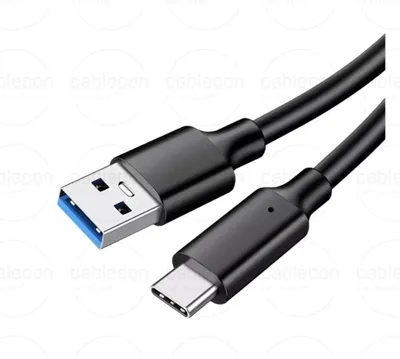 A black USB-C to USB-A cable is shown diagonally against a white background.