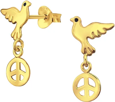 Produktbild von Ohrringe Ohrstecker 925 Sterling Silber vergoldet Ohrhänger Friedenstaube mit Peace-Symbol Material - Silber vergoldet