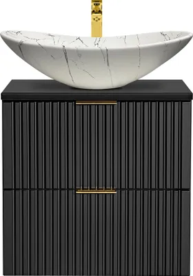 Produktbild von Badezimmer Waschtisch, 61cm, matt schwarz gerillt mit Keramik-Waschbecken weiß marmoriert ADELAIDE-56-BLACK, B/H/T ca. 61,5/74,2/46,5 cm