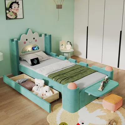 Image de Lit enfant rembourré 90x200 cm, lit "nuage" avec lampe de lecture LED, port USB, tiroir de rangement (montable à gauche ou à droite), étagère rabattable, protection anti-chute, revêtement en velours, confortable et pratique, bleu-vert
