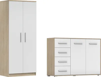 Obrázek produktu pro sada 2 skříní s posuvnými dveřmi Šatní skříň bez zrcadla 80cm OMEGA 2D s komodou 135cm FRIDA 01 Sonoma/bílá