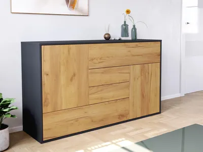 Produktbild von Sideboard stehend Karat A 140cm 2 Türen 4 Pushauszüge Grafit Eiche : Grafit / Eiche Gold Varianten: Grafit / Eiche Gold