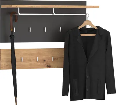 Produktbild von Wandgarderobe BILBAO 2-teilig, Artisan Eiche / Kosmos Grau, bietet neun Kleiderhaken, eine Kleiderstange und eine Hutablage. Weitere Features: Garderobenpaneel, Flurgarderobe, Garderobenset