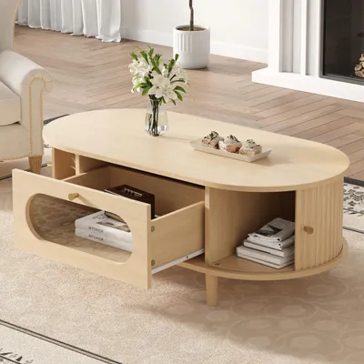 Produktbild von MODFU Couchtisch Wohnzimmertisch Stauraum mit Schublade Und Rollladentüren Beistelltisch mit Glasfront Für Wohnzimmer Eiche