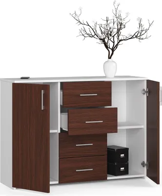 Immagine prodotto di Cassettiera con 4 cassetti e 2 ante, 110x80x35, soggiorno, bianco / Venga