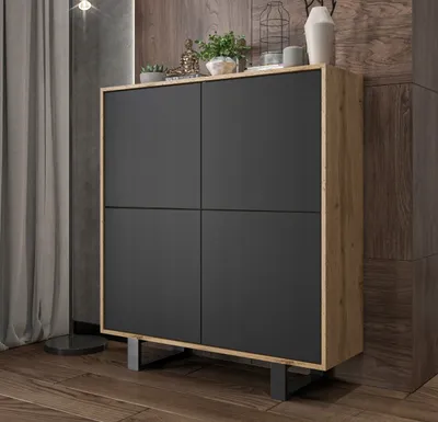 Obrázok produktu pre RTV komoda v loftovom štýle Dub Wotan Apollo 4D - Moderná - Nábytok Lindner - 113 cm , dva čierne kovové rámy , Farba: dub Wotan - matná čierna