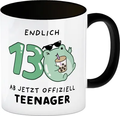 Produktbild von Jelly & Friends Frosch Kaffeebecher in schwarz mit Spruch Endlich 13 Ab jetzt